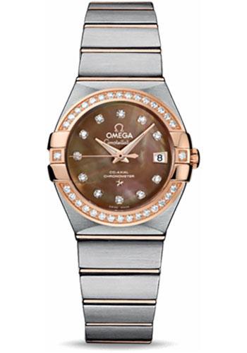Omega Ladies Constellation Chronometer Watch - 27 mm Brushed Steel And Red Gold Case - Diamond Bezel - Dark Mother-Of-Pearl Diamond Dial - 123.25.27.20.57.001 - Luxury Time NYC