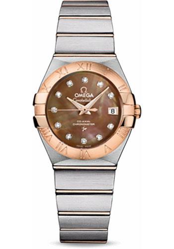 Omega Ladies Constellation Chronometer Watch - 27 mm Brushed Steel And Red Gold Case - Mother-Of-Pearl Diamond Dial - 123.20.27.20.57.001 - Luxury Time NYC