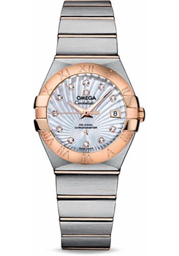 Omega Ladies Constellation Chronometer Watch - 27 mm Brushed Steel And Red Gold Case - Mother-Of-Pearl Supernova Diamond Dial - 123.20.27.20.55.001 - Luxury Time NYC