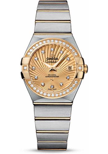 Omega Ladies Constellation Chronometer Watch - 27 mm Brushed Steel And Yellow Gold Case - Diamond Bezel - Champagne Supernova Diamond Dial - 123.25.27.20.58.001 - Luxury Time NYC