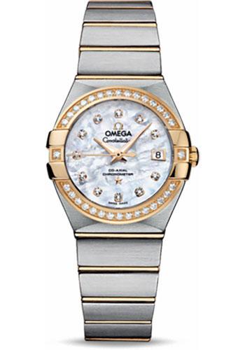 Omega Ladies Constellation Chronometer Watch - 27 mm Brushed Steel And Yellow Gold Case - Diamond Bezel - Mother-Of-Pearl Diamond Dial - 123.25.27.20.55.003 - Luxury Time NYC