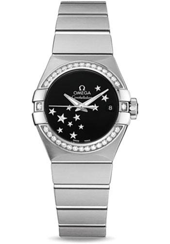 Omega Ladies Constellation Chronometer Watch - 27 mm Brushed Steel Case - Diamond Bezel - Black Dial - 123.15.27.20.01.001 - Luxury Time NYC