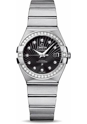 Omega Ladies Constellation Chronometer Watch - 27 mm Brushed Steel Case - Diamond Bezel - Black Supernova Diamond Dial - 123.15.27.20.51.001 - Luxury Time NYC