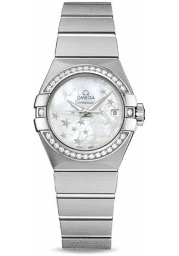 Omega Ladies Constellation Chronometer Watch - 27 mm Brushed Steel Case - Diamond Bezel - Mother-Of-Pearl Dial - 123.15.27.20.05.001 - Luxury Time NYC