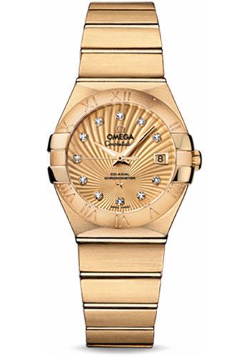 Omega Ladies Constellation Chronometer Watch - 27 mm Brushed Yellow Gold Case - Champagne Supernova Diamond Dial - 123.50.27.20.58.001 - Luxury Time NYC
