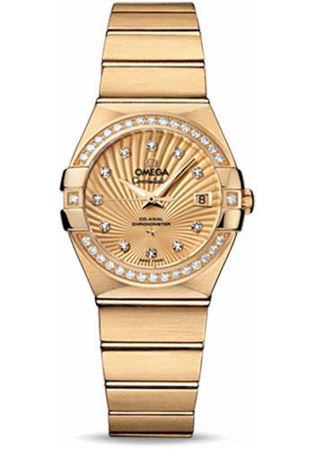 Omega Ladies Constellation Chronometer Watch - 27 mm Brushed Yellow Gold Case - Diamond Bezel - Champagne Supernova Diamond Dial - 123.55.27.20.58.001 - Luxury Time NYC