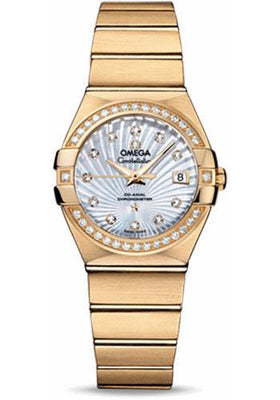 Omega Ladies Constellation Chronometer Watch - 27 mm Brushed Yellow Gold Case - Diamond Bezel - Mother-Of-Pearl Supernova Diamond Dial - 123.55.27.20.55.002 - Luxury Time NYC