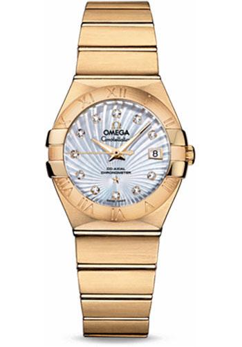 Omega Ladies Constellation Chronometer Watch - 27 mm Brushed Yellow Gold Case - Mother-Of-Pearl Supernova Diamond Dial - 123.50.27.20.55.002 - Luxury Time NYC