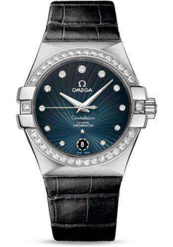 Omega Ladies Constellation Chronometer Watch - 35 mm Brushed Steel Case - Diamond Bezel - Blue Diamond Dial - Black Leather Strap - 123.18.35.20.56.001 - Luxury Time NYC