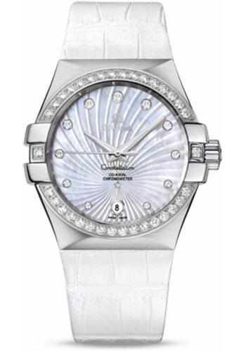 Omega Ladies Constellation Chronometer Watch - 35 mm Brushed Steel Case - Diamond Bezel - Mother-Of-Pearl Supernova Diamond Dial - White Leather Strap - 123.18.35.20.55.001 - Luxury Time NYC