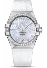 Load image into Gallery viewer, Omega Ladies Constellation Chronometer Watch - 35 mm Brushed Steel Case - Diamond Bezel - Mother-Of-Pearl Supernova Diamond Dial - White Leather Strap - 123.18.35.20.55.001 - Luxury Time NYC