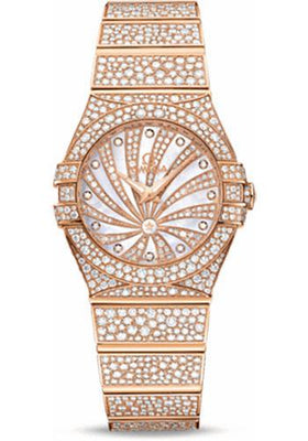 Omega Ladies Constellation Luxury Edition Watch - 27 mm Red Gold Case - Snow-Set Diamond Bezel - Mother-Of-Pearl Diamond Dial - 123.55.27.60.55.009 - Luxury Time NYC