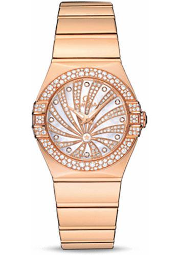 Omega Ladies Constellation Luxury Edition Watch - 27 mm Red Gold Case - Snow-Set Diamond Bezel - Mother-Of-Pearl Diamond Dial - 123.55.27.60.55.013 - Luxury Time NYC