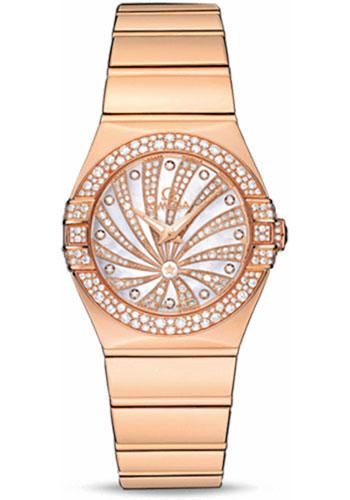 Omega Ladies Constellation Luxury Edition Watch - 27 mm Red Gold Case - Snow-Set Diamond Bezel - Mother-Of-Pearl Diamond Dial - 123.55.27.60.55.013 - Luxury Time NYC