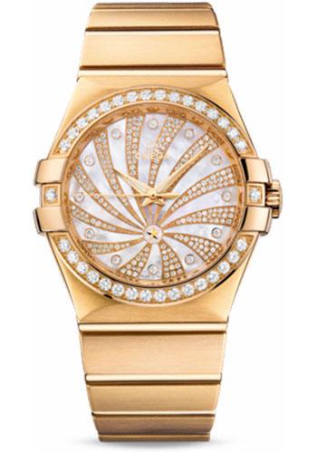 Omega Ladies Constellation Luxury Edition Watch - 35 mm Brushed Yellow Gold Case - Diamond Bezel - Mother-Of-Pearl Diamond Dial - 123.55.35.20.55.001 - Luxury Time NYC