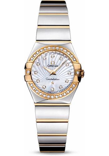 Omega Ladies Constellation Polished Quartz Watch - 24 mm Polished Steel And Yellow Gold Case - Diamond Bezel - Mother-Of-Pearl Diamond Dial - Steel And Yellow Gold Bracelet - 123.25.24.60.55.008 - Luxury Time NYC