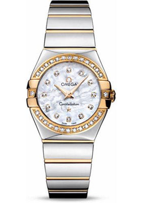Omega Ladies Constellation Polished Quartz Watch - 27 mm Polished Steel And Yellow Gold Case - Diamond Bezel - Mother-Of-Pearl Diamond Dial - Steel And Yellow Gold Bracelet - 123.25.27.60.55.007 - Luxury Time NYC