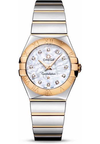 Omega Ladies Constellation Polished Quartz Watch - 27 mm Polished Steel And Yellow Gold Case - Mother-Of-Pearl Diamond Dial - Steel And Yellow Gold Bracelet - 123.20.27.60.55.004 - Luxury Time NYC
