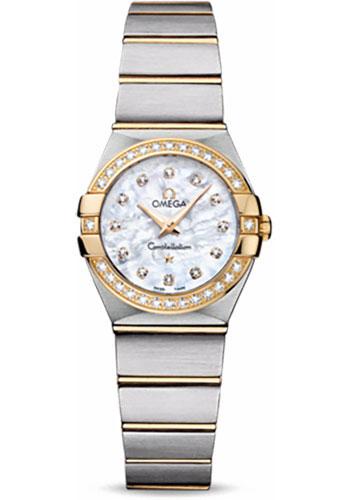 Omega Ladies Constellation Quartz Watch - 24 mm Brushed Steel And Yellow Gold Case - Diamond Bezel - Mother-Of-Pearl Diamond Dial - 123.25.24.60.55.003 - Luxury Time NYC