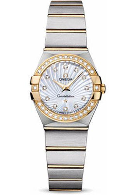 Omega Ladies Constellation Quartz Watch - 24 mm Brushed Steel And Yellow Gold Case - Diamond Bezel - Mother-Of-Pearl Diamond Dial - 123.25.24.60.55.004 - Luxury Time NYC