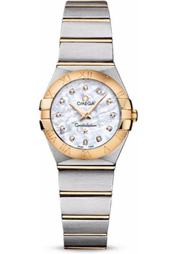 Omega Ladies Constellation Quartz Watch - 24 mm Brushed Steel And Yellow Gold Case - Mother-Of-Pearl Diamond Dial - 123.20.24.60.55.002 - Luxury Time NYC