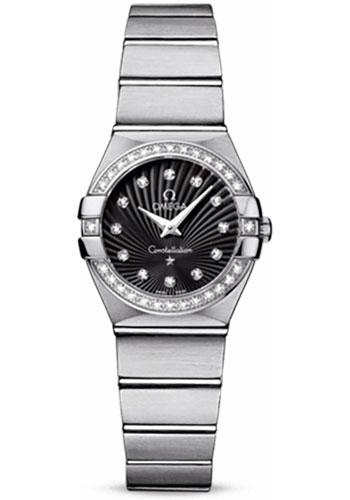 Omega Ladies Constellation Quartz Watch - 24 mm Brushed Steel Case - Diamond Bezel - Black Diamond Dial - 123.15.24.60.51.001 - Luxury Time NYC