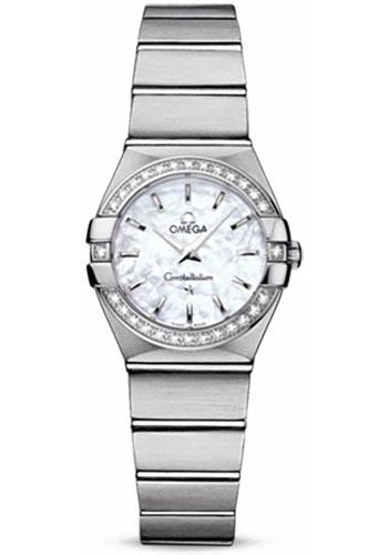 Omega Ladies Constellation Quartz Watch - 24 mm Brushed Steel Case - Diamond Bezel - Mother-Of-Pearl Dial - 123.15.24.60.05.001 - Luxury Time NYC