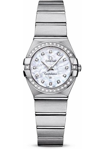 Omega Ladies Constellation Quartz Watch - 24 mm Brushed Steel Case - Diamond Bezel - Mother-Of-Pearl Diamond Dial - 123.15.24.60.55.001 - Luxury Time NYC