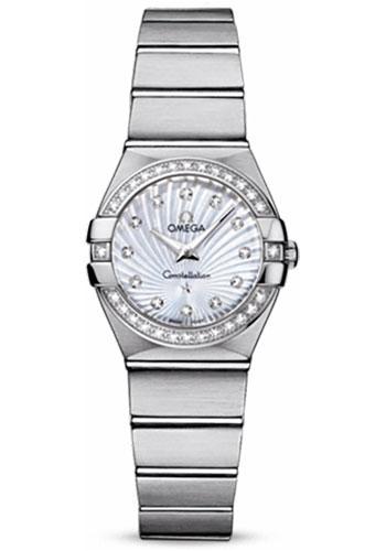 Omega Ladies Constellation Quartz Watch - 24 mm Brushed Steel Case - Diamond Bezel - Mother-Of-Pearl Diamond Dial - 123.15.24.60.55.002 - Luxury Time NYC