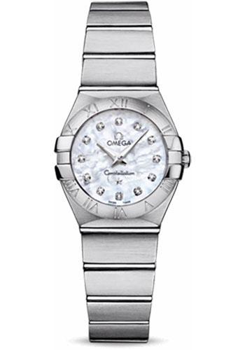 Omega Ladies Constellation Quartz Watch - 24 mm Brushed Steel Case - Mother-Of-Pearl Diamond Dial - 123.10.24.60.55.001 - Luxury Time NYC