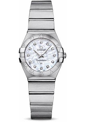 Omega Ladies Constellation Quartz Watch - 24 mm Brushed Steel Case - Mother-Of-Pearl Diamond Dial - 123.10.24.60.55.001 - Luxury Time NYC
