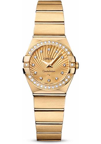 Omega Ladies Constellation Quartz Watch - 24 mm Brushed Yellow Gold Case - Diamond Bezel - Champagne Diamond Dial - 123.55.24.60.58.001 - Luxury Time NYC