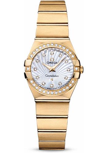 Omega Ladies Constellation Quartz Watch - 24 mm Brushed Yellow Gold Case - Diamond Bezel - Mother-Of-Pearl Diamond Dial - 123.55.24.60.55.003 - Luxury Time NYC