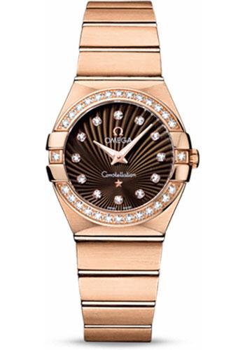 Omega Ladies Constellation Quartz Watch - 27 mm Brushed Red Gold Case - Diamond Bezel - Brown Diamond Dial - 123.55.27.60.63.001 - Luxury Time NYC