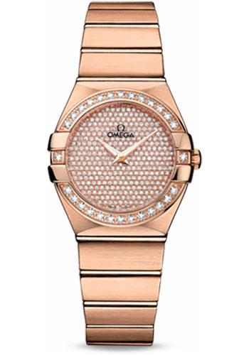 Omega Ladies Constellation Quartz Watch - 27 mm Brushed Red Gold Case - Diamond Bezel - Diamond Paved Dial - 123.55.27.60.99.004 - Luxury Time NYC