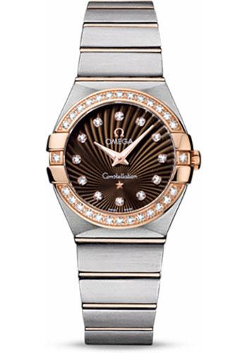 Omega Ladies Constellation Quartz Watch - 27 mm Brushed Steel And Red Gold Case - Diamond Bezel - Brown Diamond Dial - 123.25.27.60.63.001 - Luxury Time NYC
