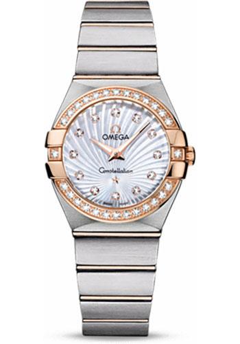 Omega Ladies Constellation Quartz Watch - 27 mm Brushed Steel And Red Gold Case - Diamond Bezel - Mother-Of-Pearl Diamond Dial - 123.25.27.60.55.002 - Luxury Time NYC