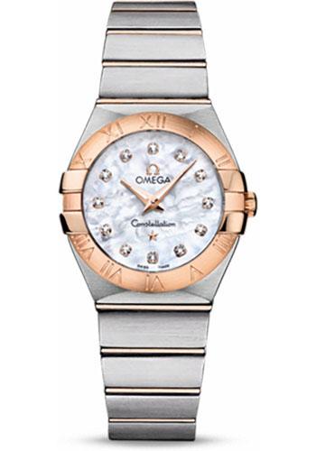 Omega Ladies Constellation Quartz Watch - 27 mm Brushed Steel And Red Gold Case - Mother-Of-Pearl Diamond Dial - 123.20.27.60.55.001 - Luxury Time NYC