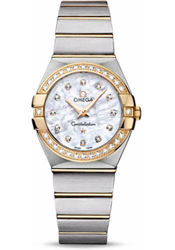 Omega Ladies Constellation Quartz Watch - 27 mm Brushed Steel And Yellow Gold Case - Diamond Bezel - Mother-Of-Pearl Diamond Dial - 123.25.27.60.55.003 - Luxury Time NYC