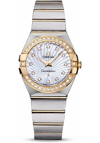 Omega Ladies Constellation Quartz Watch - 27 mm Brushed Steel And Yellow Gold Case - Diamond Bezel - Mother-Of-Pearl Diamond Dial - 123.25.27.60.55.004 - Luxury Time NYC