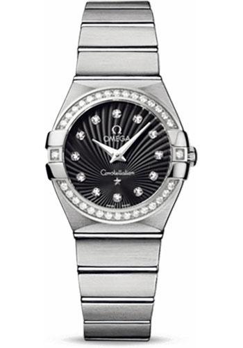 Omega Ladies Constellation Quartz Watch - 27 mm Brushed Steel Case - Diamond Bezel - Black Diamond Dial - 123.15.27.60.51.001 - Luxury Time NYC