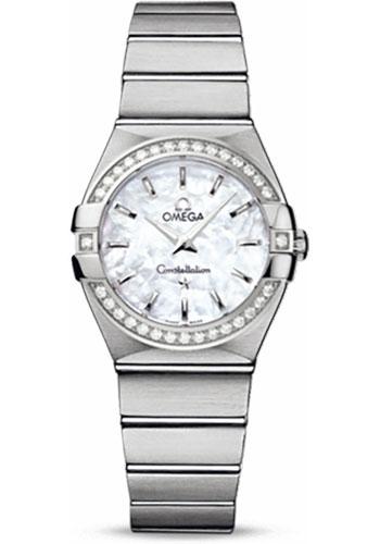 Omega Ladies Constellation Quartz Watch - 27 mm Brushed Steel Case - Diamond Bezel - Mother-Of-Pearl Dial - 123.15.27.60.05.001 - Luxury Time NYC