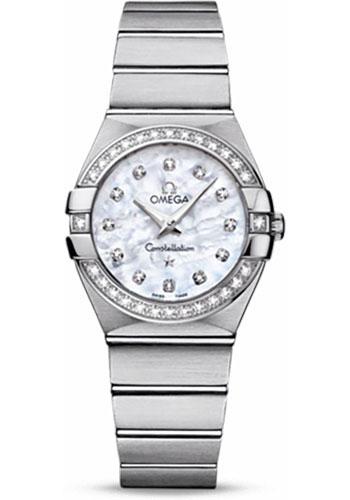 Omega Ladies Constellation Quartz Watch - 27 mm Brushed Steel Case - Diamond Bezel - Mother-Of-Pearl Diamond Dial - 123.15.27.60.55.001 - Luxury Time NYC