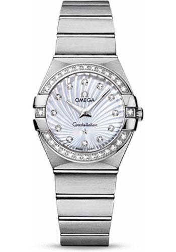 Omega Ladies Constellation Quartz Watch - 27 mm Brushed Steel Case - Diamond Bezel - Mother-Of-Pearl Diamond Dial - 123.15.27.60.55.002 - Luxury Time NYC