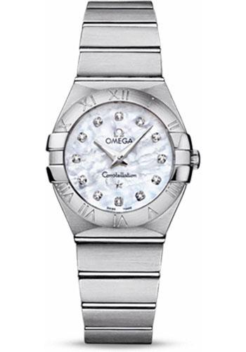 Omega Ladies Constellation Quartz Watch - 27 mm Brushed Steel Case - Mother-Of-Pearl Diamond Dial - 123.10.27.60.55.001 - Luxury Time NYC