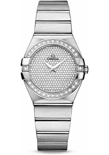 Omega Ladies Constellation Quartz Watch - 27 mm Brushed White Gold Case - Diamond Bezel - Diamond Paved Dial - 123.55.27.60.99.001 - Luxury Time NYC