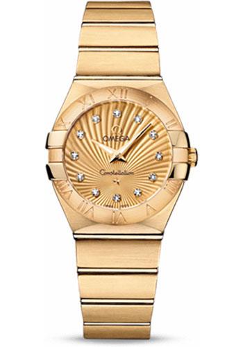 Omega Ladies Constellation Quartz Watch - 27 mm Brushed Yellow Gold Case - Champagne Diamond Dial - 123.50.27.60.58.001 - Luxury Time NYC