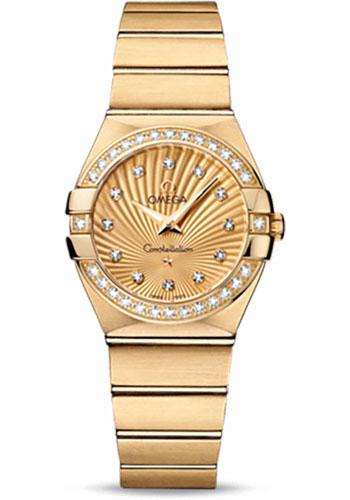 Omega Ladies Constellation Quartz Watch - 27 mm Brushed Yellow Gold Case - Diamond Bezel - Champagne Diamond Dial - 123.55.27.60.58.001 - Luxury Time NYC