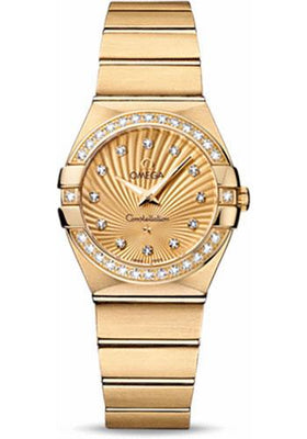 Omega Ladies Constellation Quartz Watch - 27 mm Brushed Yellow Gold Case - Diamond Bezel - Champagne Diamond Dial - 123.55.27.60.58.001 - Luxury Time NYC