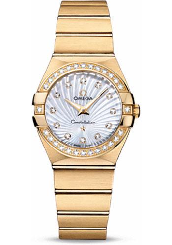 Omega Ladies Constellation Quartz Watch - 27 mm Brushed Yellow Gold Case - Diamond Bezel - Mother-Of-Pearl Diamond Dial - 123.55.27.60.55.003 - Luxury Time NYC